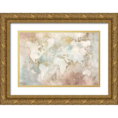 Blushing World Map  Gold Ornate Wood Framed Art Print with Double Matting by RoozbehÂ 