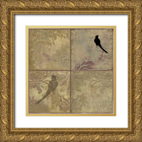 Damask Birds Gold Ornate Wood Framed Art Print with Double Matting by PI Studio