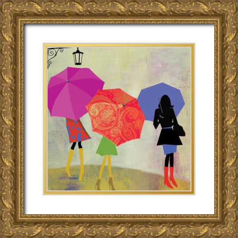 Umbrella Girls Gold Ornate Wood Framed Art Print with Double Matting by PI Studio
