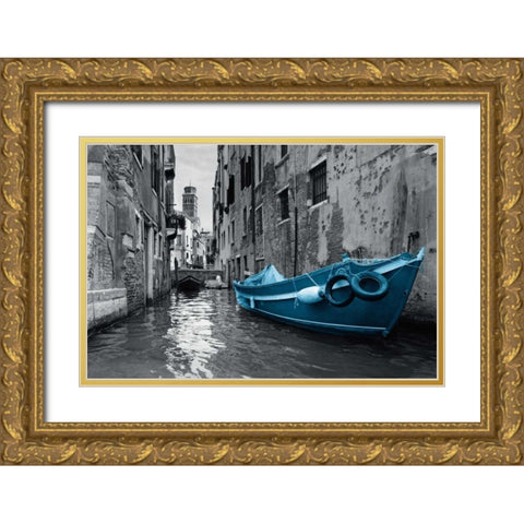 Barca Blue Gold Ornate Wood Framed Art Print with Double Matting by PI Studio