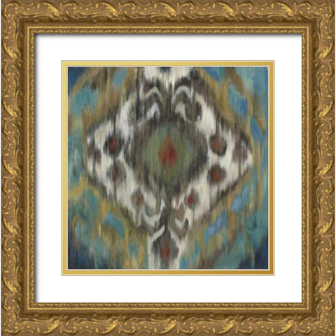 Peacock Ikat Gold Ornate Wood Framed Art Print with Double Matting by PI Studio