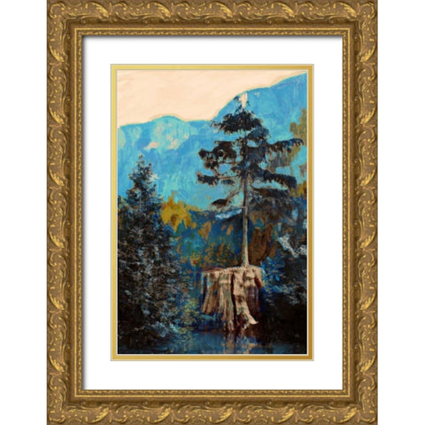 Pine on Blue Gold Ornate Wood Framed Art Print with Double Matting by PI Studio