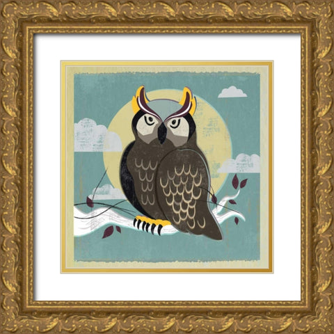 Perched Owl Gold Ornate Wood Framed Art Print with Double Matting by PI Studio