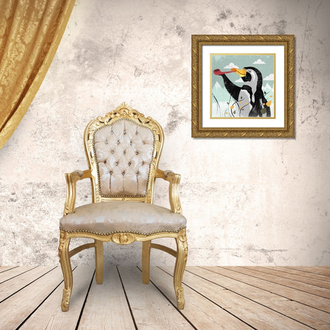 Penguin Stroll Gold Ornate Wood Framed Art Print with Double Matting by PI Studio