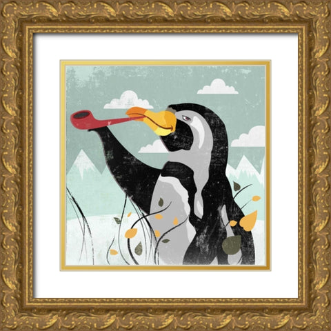 Penguin Stroll Gold Ornate Wood Framed Art Print with Double Matting by PI Studio