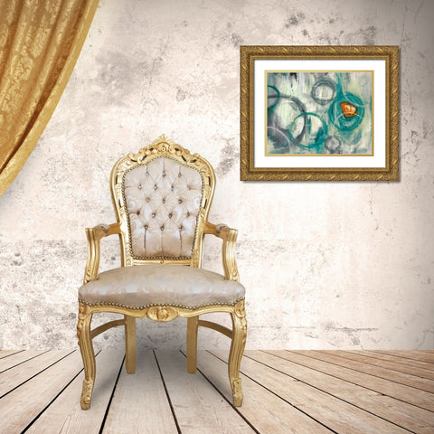 Auspicious Teal Gold Ornate Wood Framed Art Print with Double Matting by PI Studio