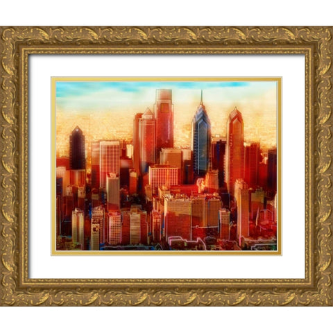 Philadelphia Skyline Gold Ornate Wood Framed Art Print with Double Matting by PI Studio