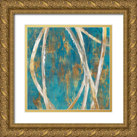 Teal Abstract I Gold Ornate Wood Framed Art Print with Double Matting by PI Galerie