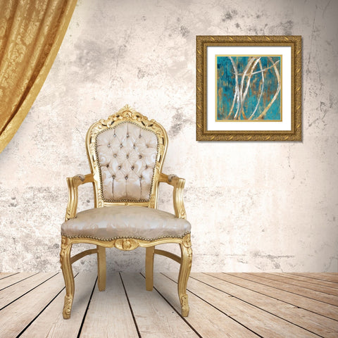 Teal Abstract II Gold Ornate Wood Framed Art Print with Double Matting by PI Galerie