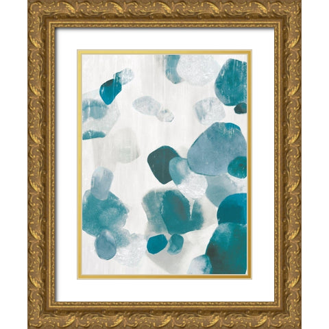 Shadow Pebbles II Teal Version Gold Ornate Wood Framed Art Print with Double Matting by PI Studio