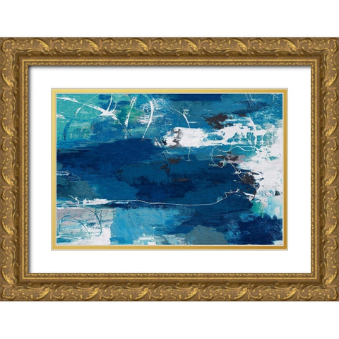 Blue Abstractions Gold Ornate Wood Framed Art Print with Double Matting by PI Gallerie