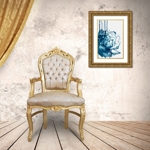 Blue Floral Drip  Gold Ornate Wood Framed Art Print with Double Matting by PI Studio