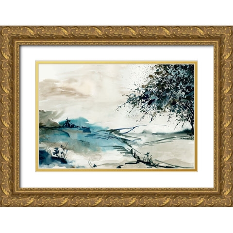 Outlined Landscape  Gold Ornate Wood Framed Art Print with Double Matting by PI Studio