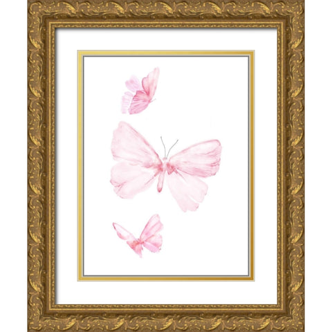 Pink Butterflys I Gold Ornate Wood Framed Art Print with Double Matting by PI Juvenile