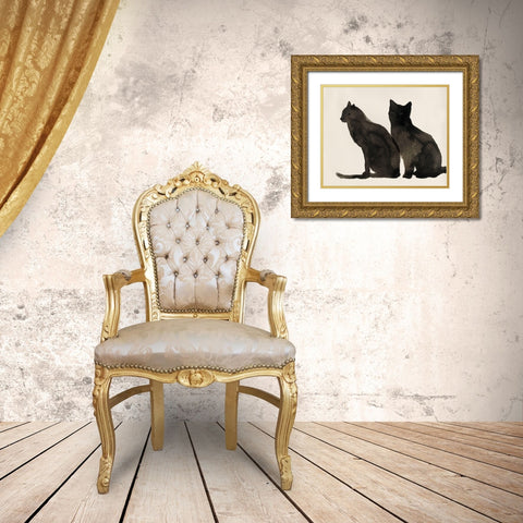 Two Black Cats  Gold Ornate Wood Framed Art Print with Double Matting by Pi Studio