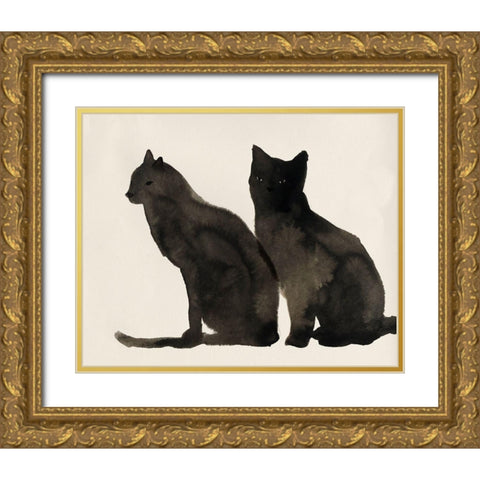 Two Black Cats  Gold Ornate Wood Framed Art Print with Double Matting by Pi Studio