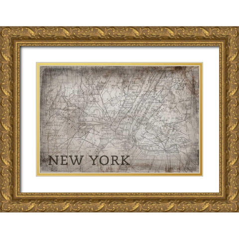 New York Map White Gold Ornate Wood Framed Art Print with Double Matting by PI Galerie