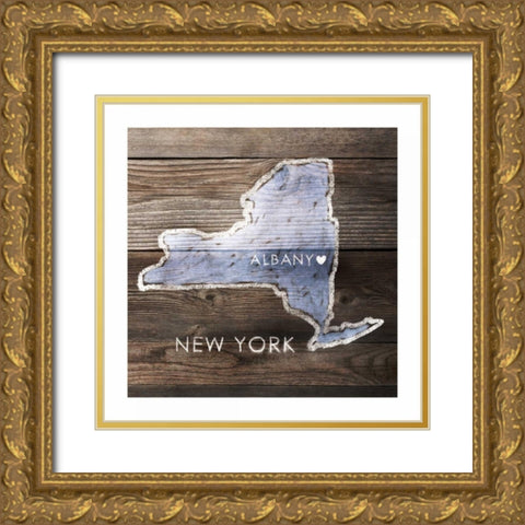 New York Rustic  Map  Gold Ornate Wood Framed Art Print with Double Matting by PI Galerie