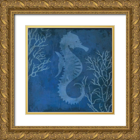 Navy Sea horse Gold Ornate Wood Framed Art Print with Double Matting by PI Studio