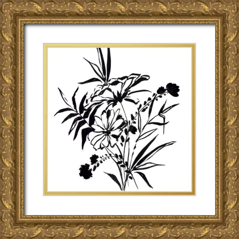 Black Florals Gold Ornate Wood Framed Art Print with Double Matting by PI Studio