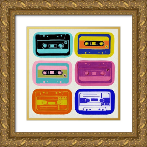 Retro Cassettes Gold Ornate Wood Framed Art Print with Double Matting by PI Studio