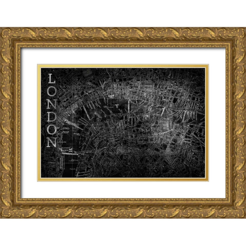 Map London Black Gold Ornate Wood Framed Art Print with Double Matting by PI Studio