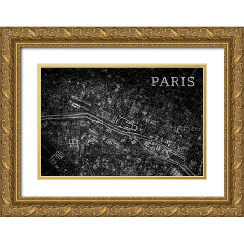 Map Paris Black Gold Ornate Wood Framed Art Print with Double Matting by PI Studio