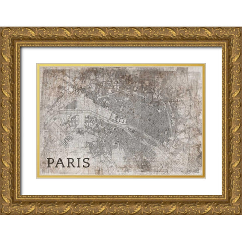 Map Paris White Gold Ornate Wood Framed Art Print with Double Matting by PI Studio