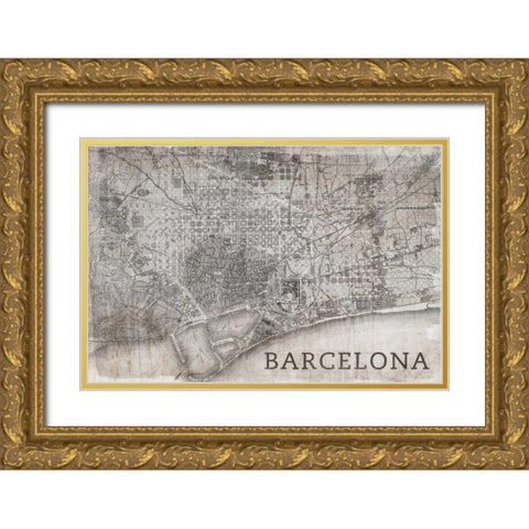 Map Barcelona Beige Gold Ornate Wood Framed Art Print with Double Matting by PI Studio