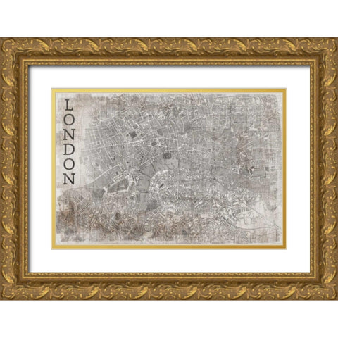 Map London White Gold Ornate Wood Framed Art Print with Double Matting by PI Studio