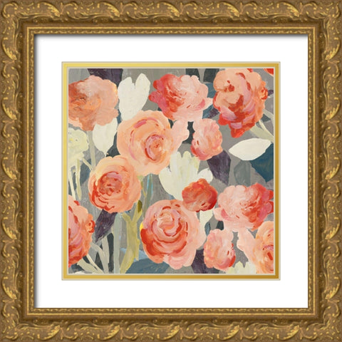 Peach Floral Gold Ornate Wood Framed Art Print with Double Matting by PI Studio
