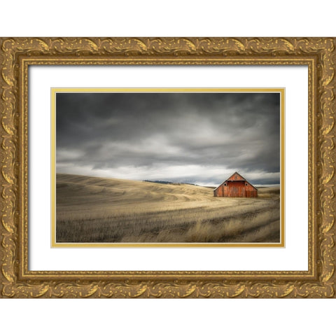Old Barn in the Winter Field Gold Ornate Wood Framed Art Print with Double Matting by Schwartz, Don