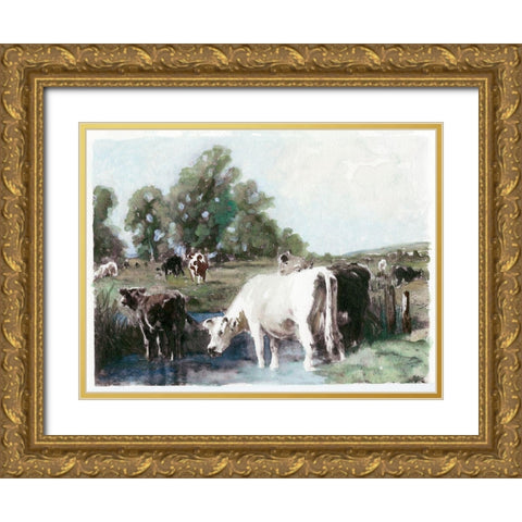 Grazing Cows  Gold Ornate Wood Framed Art Print with Double Matting by Stellar  Design Studio