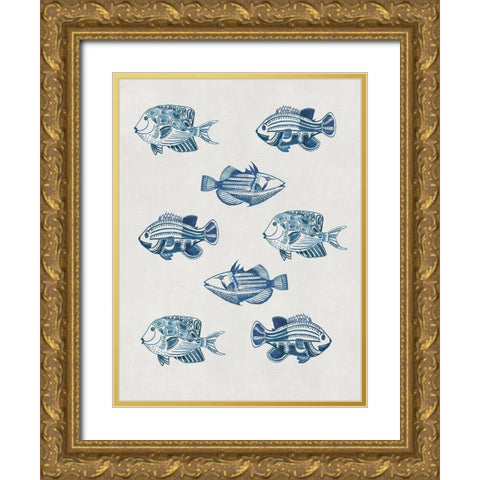 Indigo Fishes Gold Ornate Wood Framed Art Print with Double Matting by Wilson, Aimee