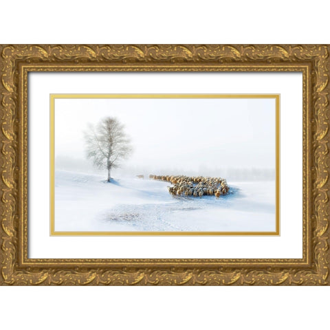 In Snow Gold Ornate Wood Framed Art Print with Double Matting by Zhu