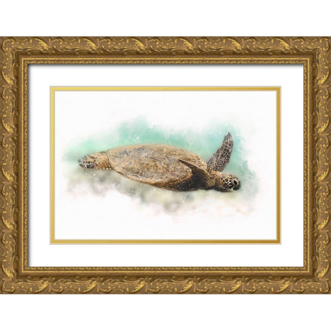 Hawaiian Green Sea Turtle Watercolor I Gold Ornate Wood Framed Art Print with Double Matting by Zalewski, Christine