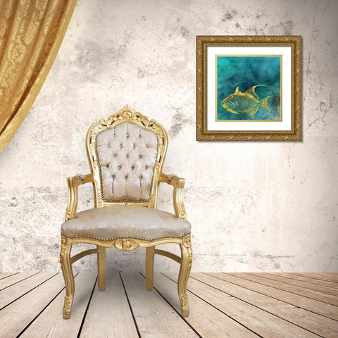 Redone Fish of Gold on Aqua  Gold Ornate Wood Framed Art Print with Double Matting by Zalewski, Christine