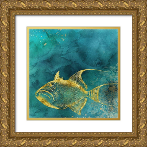 Redone Fish of Gold on Aqua  Gold Ornate Wood Framed Art Print with Double Matting by Zalewski, Christine
