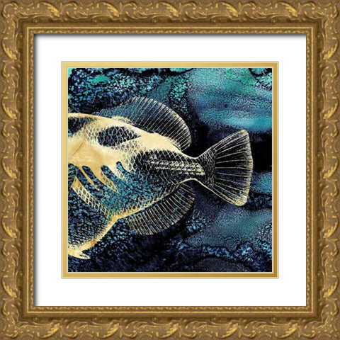 Blue Ink and Golden Fish II Gold Ornate Wood Framed Art Print with Double Matting by Zalewski, Christine