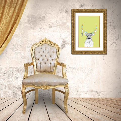 Elk and Feathers Gold Ornate Wood Framed Art Print with Double Matting by Annie Bailey Art