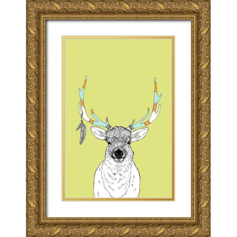 Elk and Feathers Gold Ornate Wood Framed Art Print with Double Matting by Annie Bailey Art