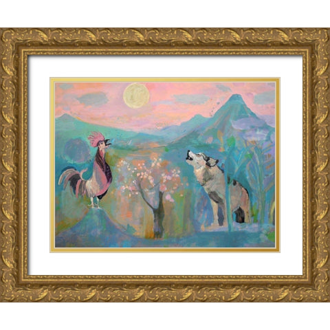 The Wolf and the Rooster Sing by Moonlight Gold Ornate Wood Framed Art Print with Double Matting by Alvarez, Iria Fernandez