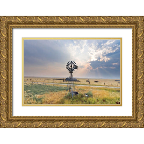 Windmill Sunset Gold Ornate Wood Framed Art Print with Double Matting by Annie Bailey Art