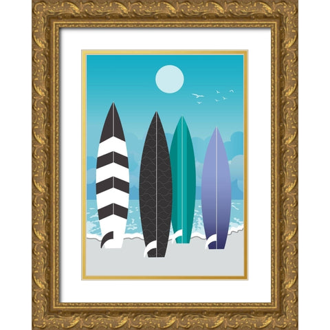 Surfboards Gold Ornate Wood Framed Art Print with Double Matting by Ayse