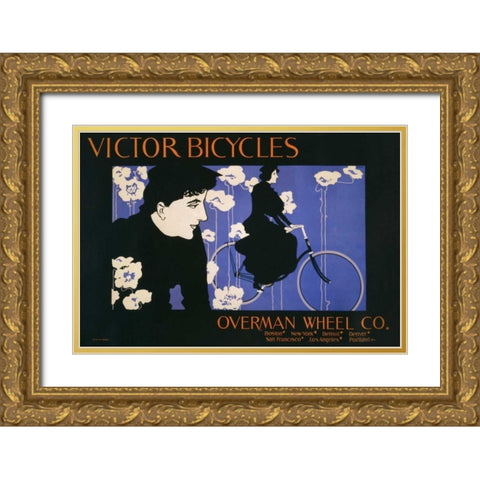 Victor Bicycles - horizontal Gold Ornate Wood Framed Art Print with Double Matting by Bradley, William Henry
