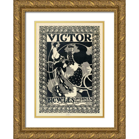 Victor Bicycles - vertical - monochrome Gold Ornate Wood Framed Art Print with Double Matting by Bradley, William Henry
