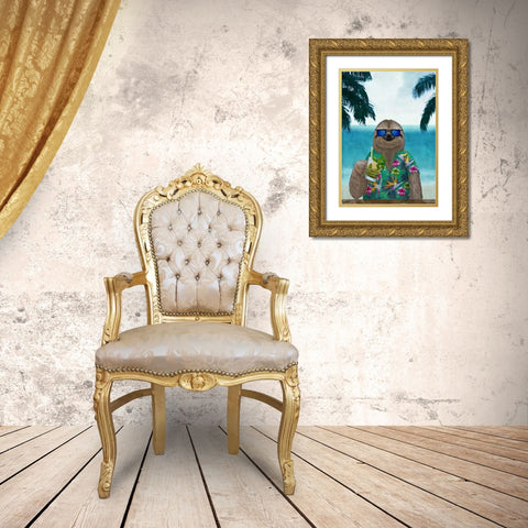 Sloth on Summer Holidays Gold Ornate Wood Framed Art Print with Double Matting by Barruf