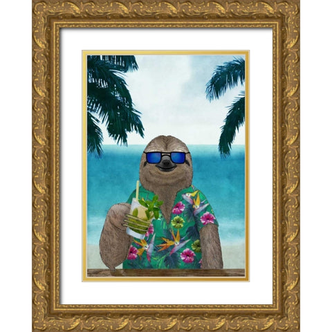 Sloth on Summer Holidays Gold Ornate Wood Framed Art Print with Double Matting by Barruf