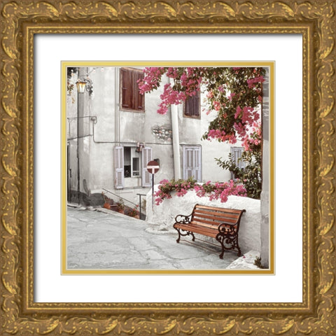 Mediterranean Bench Gold Ornate Wood Framed Art Print with Double Matting by Blaustein, Alan
