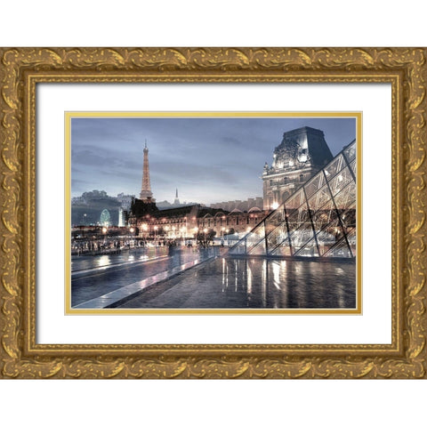 Louvre with Eiffel Tower Vista #1 Gold Ornate Wood Framed Art Print with Double Matting by Blaustein, Alan